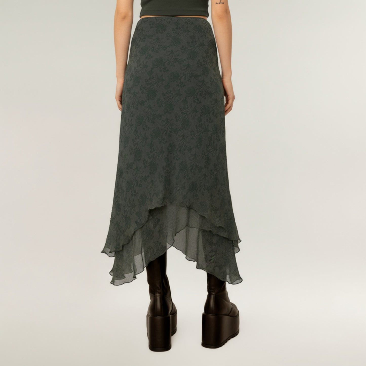 High Low Asymmetrical Midi Skirt with Layered Chiffon Hem and Subtle Floral Jacquard Pattern