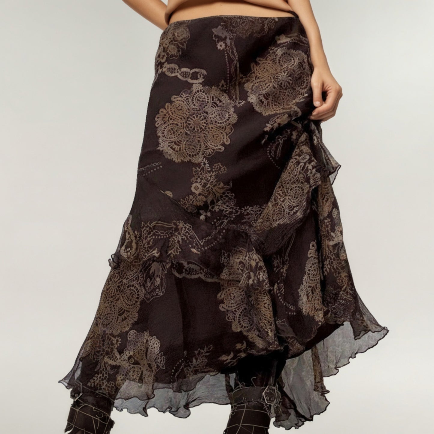Bohemian Asymmetrical Midi Skirt with Ruffled Hem and Vintage Lace Print