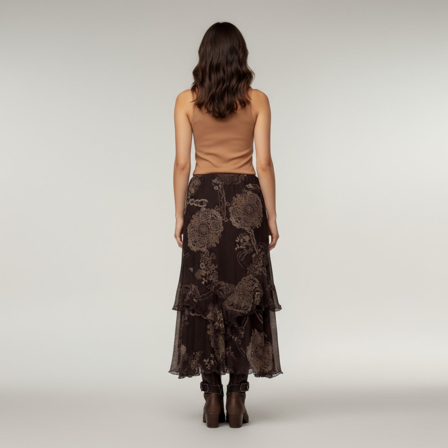 Bohemian Asymmetrical Midi Skirt with Ruffled Hem and Vintage Lace Print
