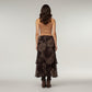 Bohemian Asymmetrical Midi Skirt with Ruffled Hem and Vintage Lace Print
