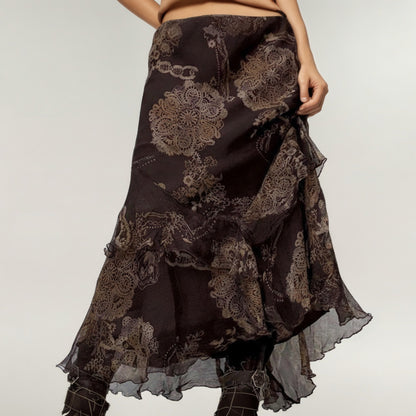 Bohemian Asymmetrical Midi Skirt with Ruffled Hem and Vintage Lace Print
