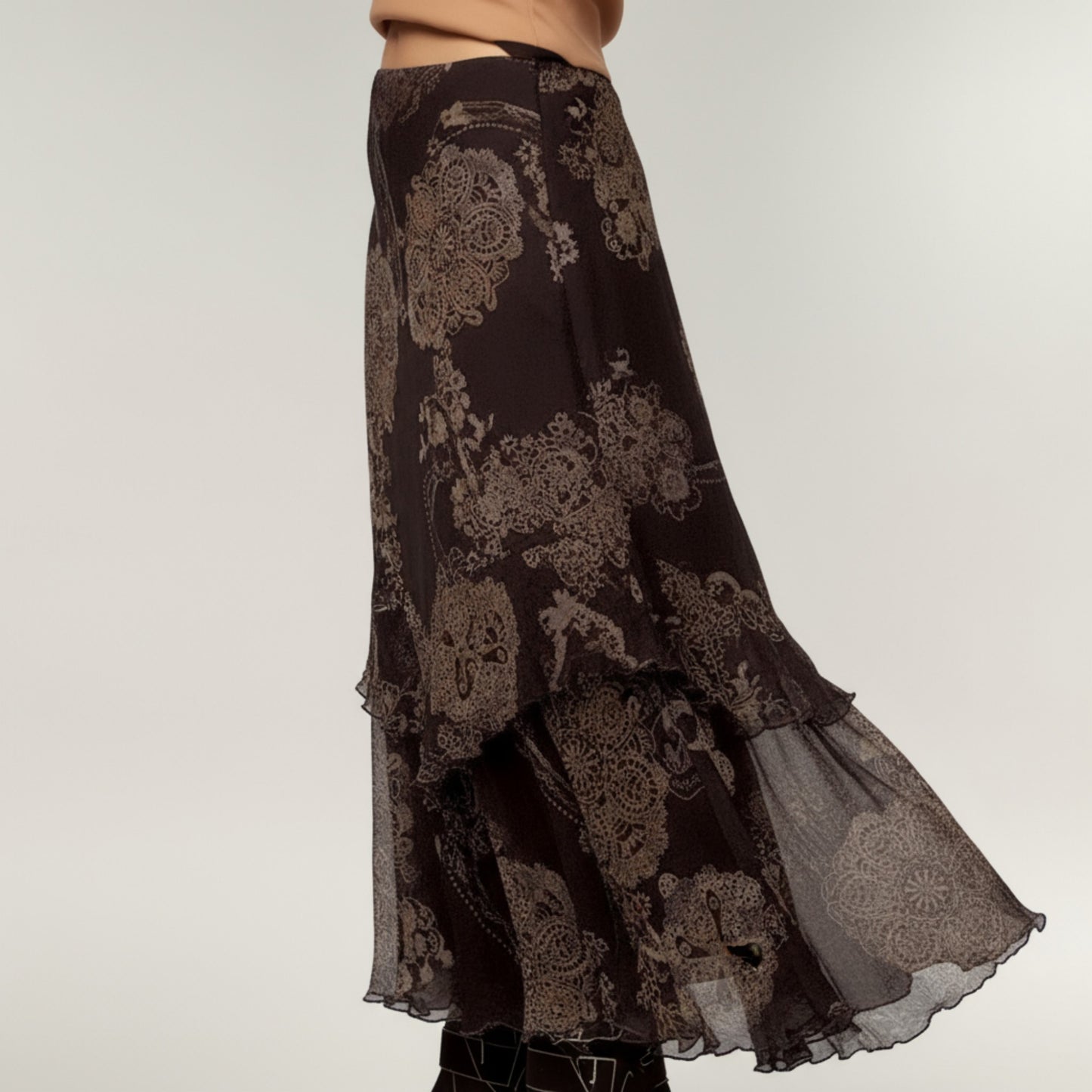 Bohemian Asymmetrical Midi Skirt with Ruffled Hem and Vintage Lace Print