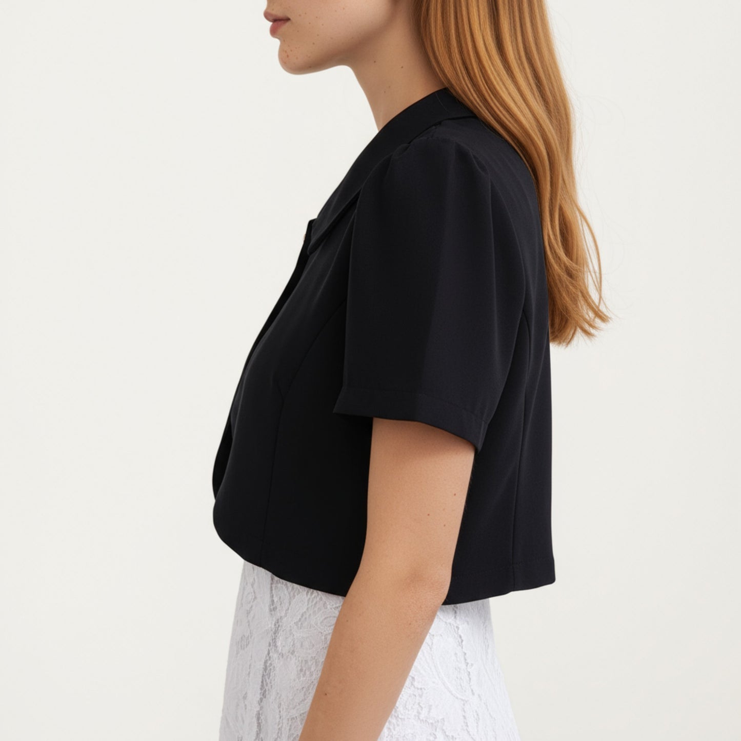 Short Sleeve Cropped Bolero Jacket with Curved Hem and Single Button Closure