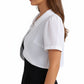 Short Sleeve Cropped Bolero Jacket with Curved Hem and Single Button Closure