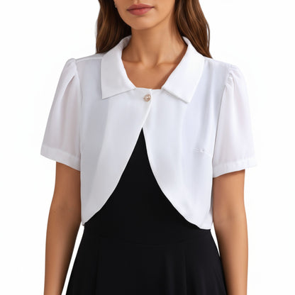 Short Sleeve Cropped Bolero Jacket with Curved Hem and Single Button Closure