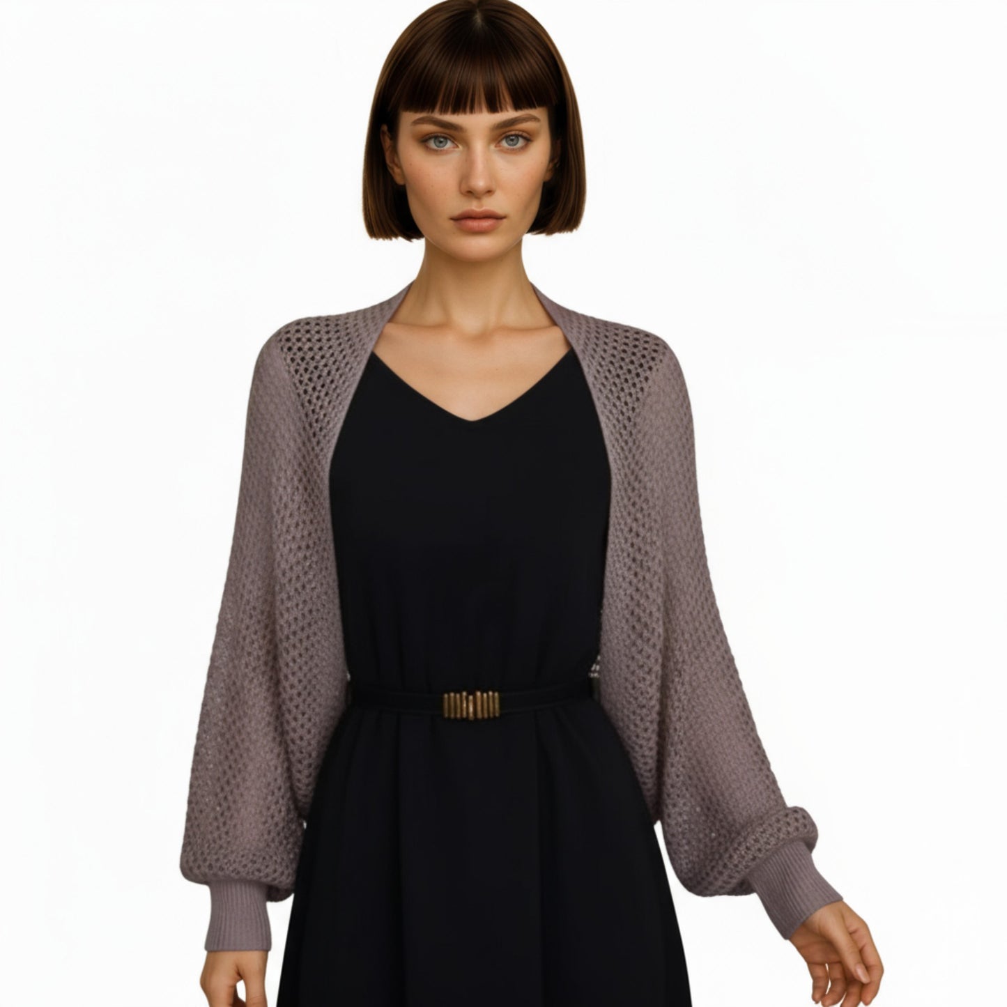 Open Knit Shrug Cardigan with Long Balloon Sleeves and Ribbed Cuffs