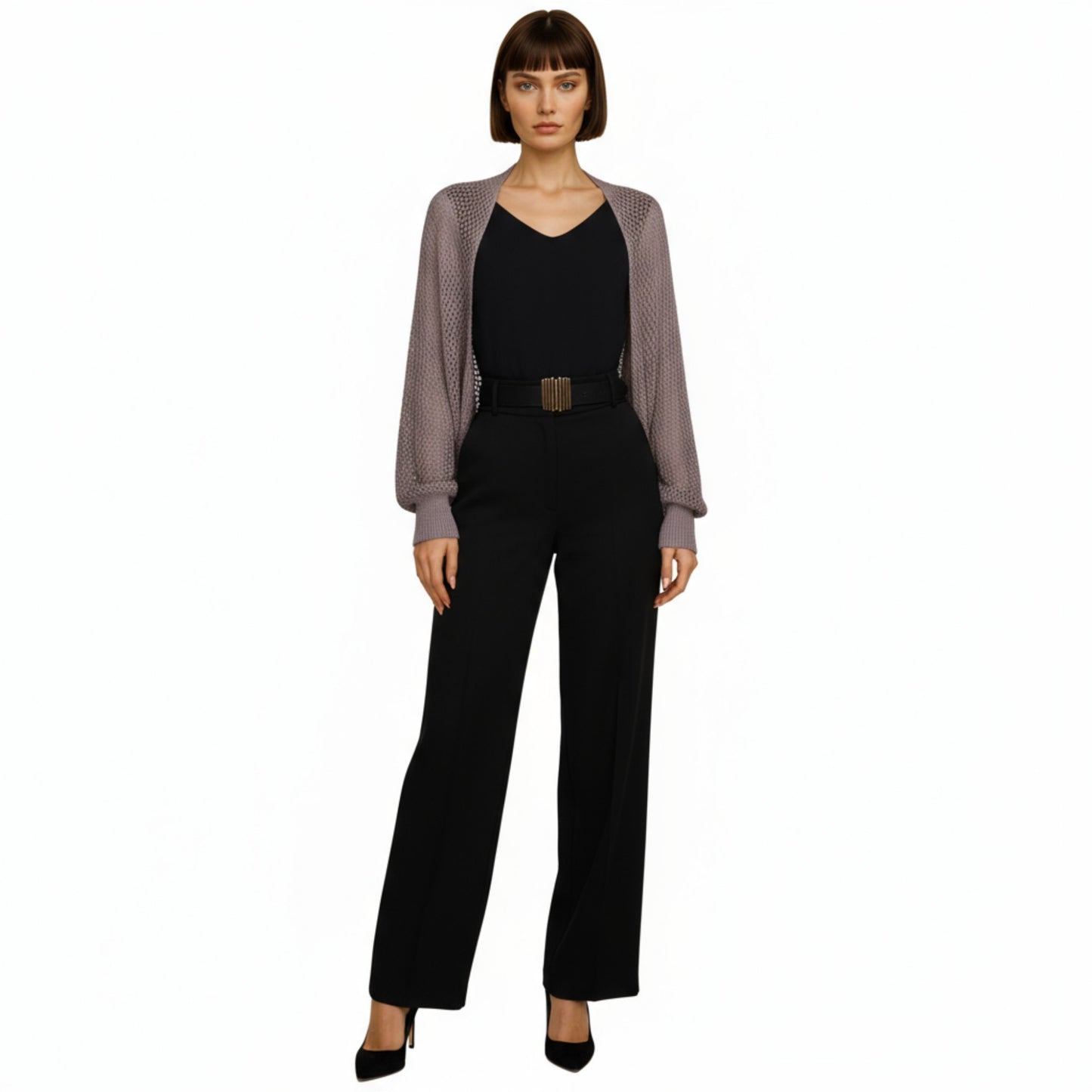 Open Knit Shrug Cardigan with Long Balloon Sleeves and Ribbed Cuffs