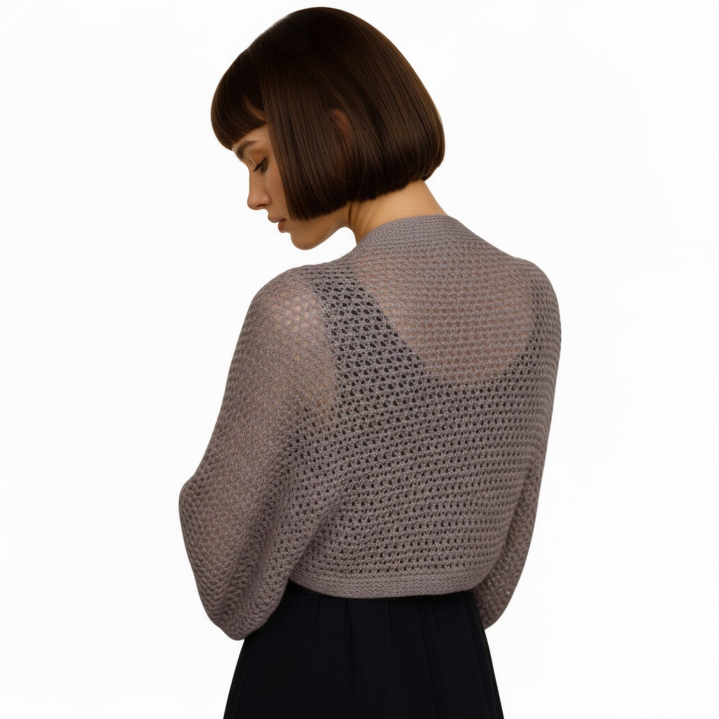 Open Knit Shrug Cardigan with Long Balloon Sleeves and Ribbed Cuffs