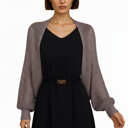 Open Knit Shrug Cardigan with Long Balloon Sleeves and Ribbed Cuffs