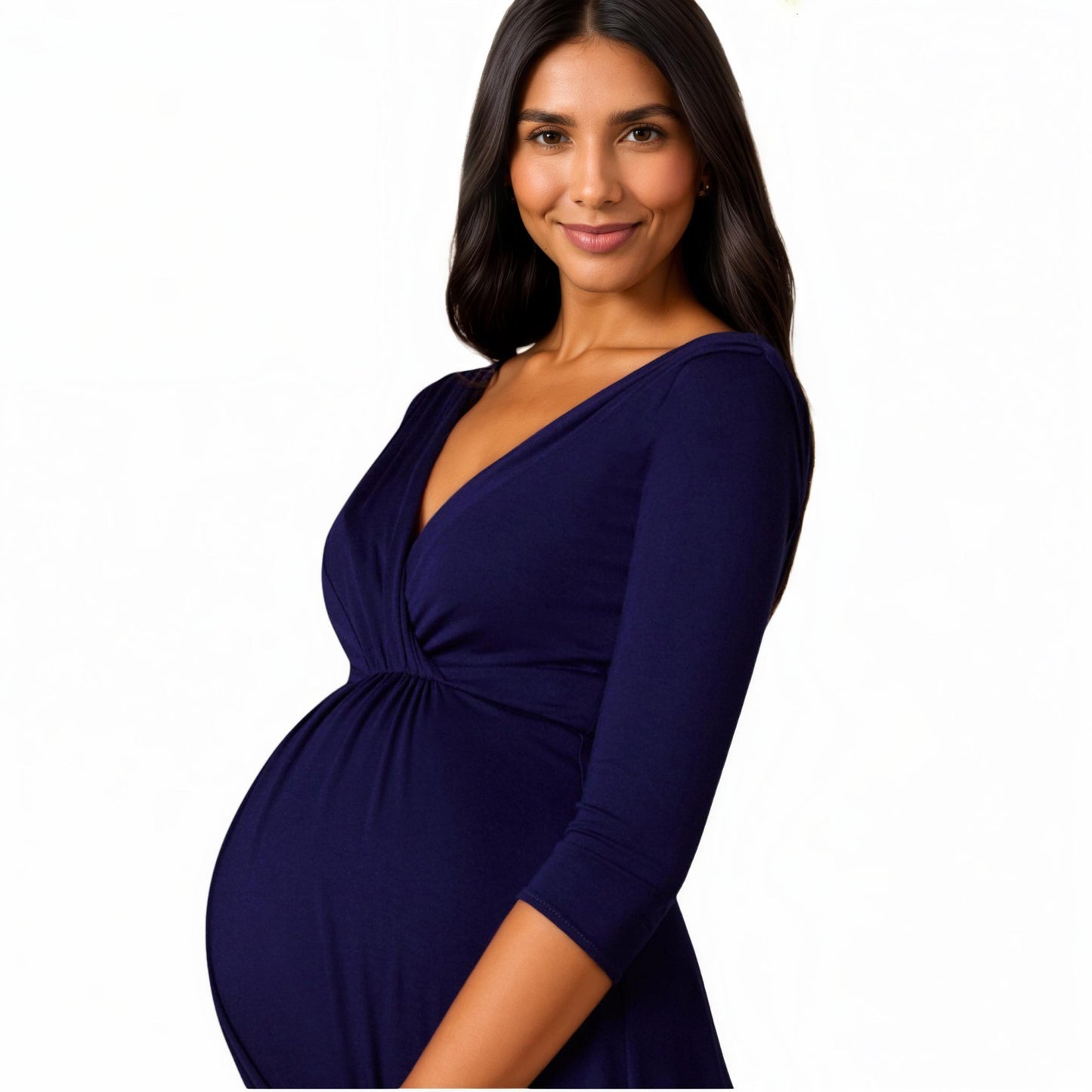 3/4 Sleeve Wrap Front Maternity Dress with Empire Waist and A-Line Silhouette