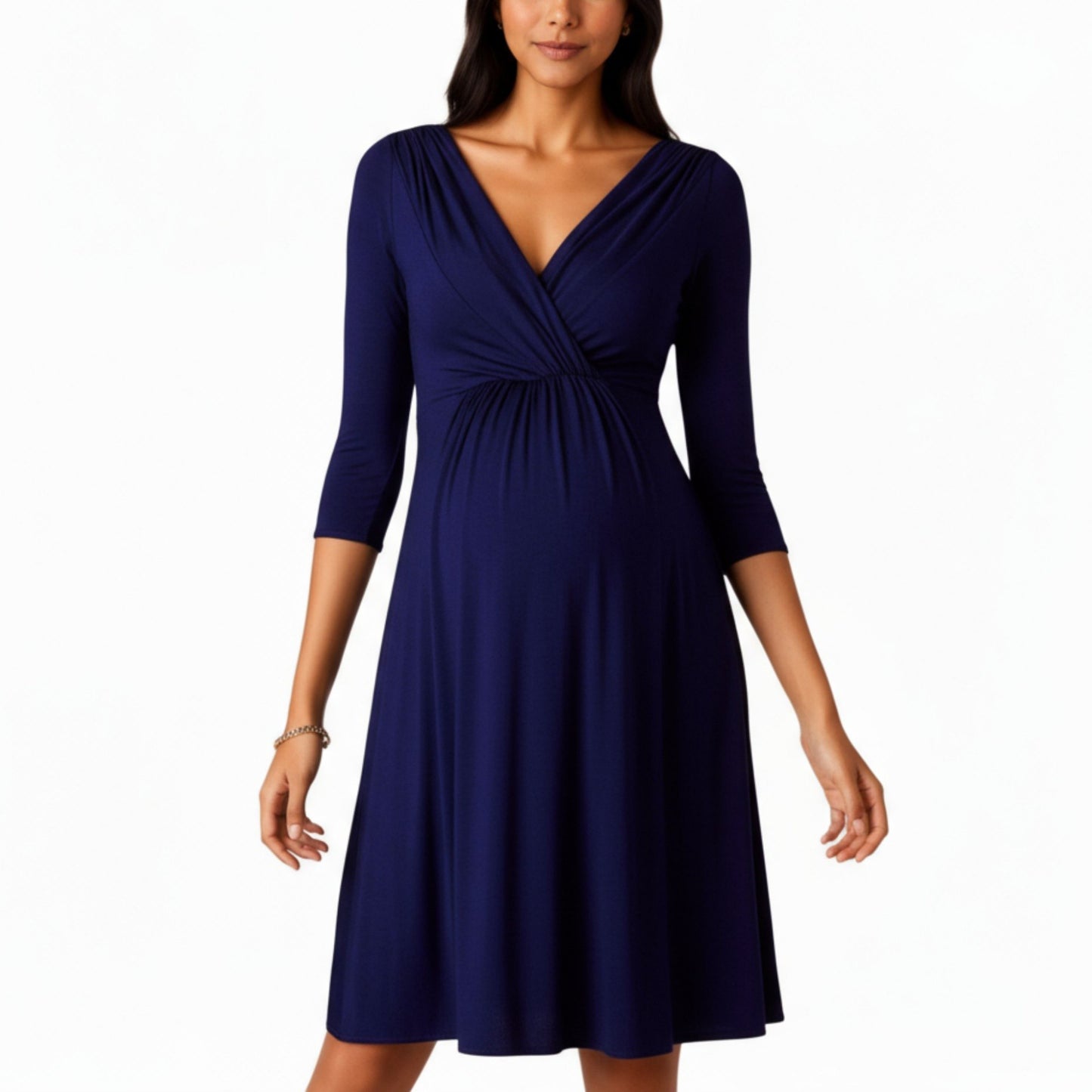 3/4 Sleeve Wrap Front Maternity Dress with Empire Waist and A-Line Silhouette