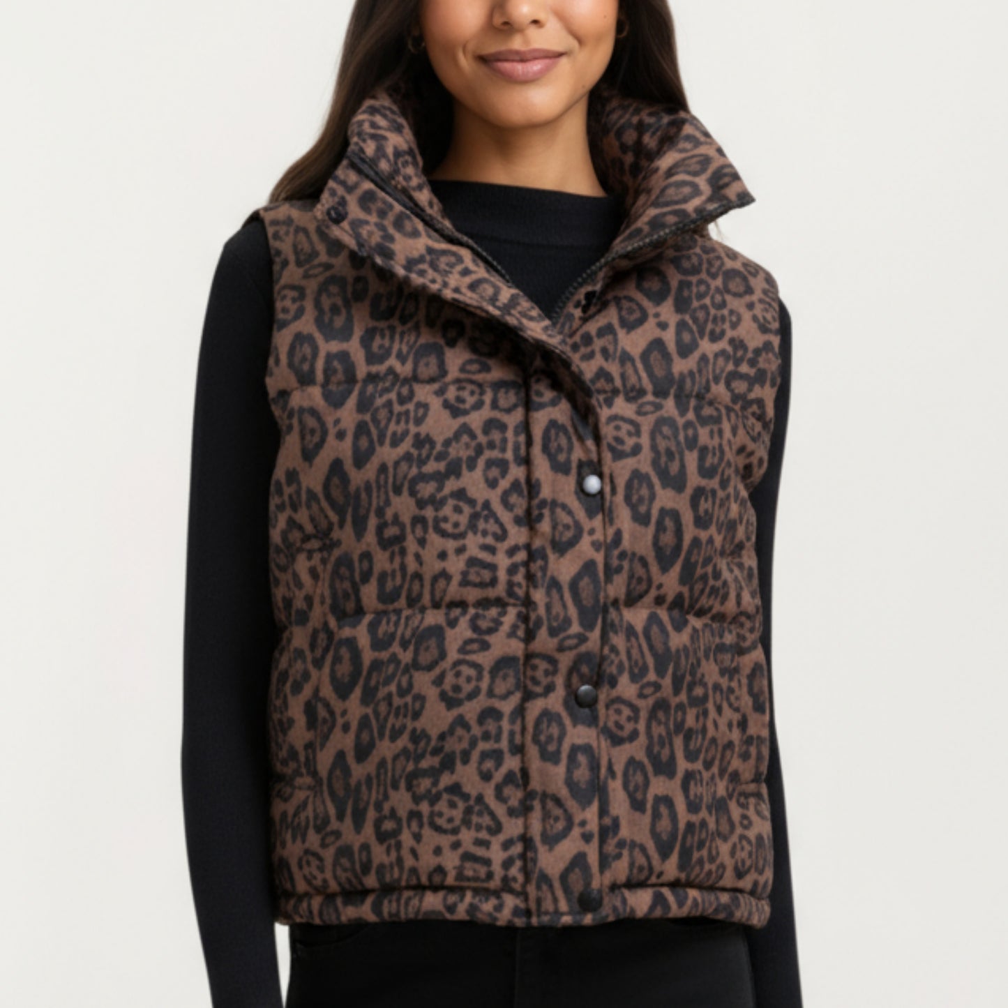 Leopard Print Puffer Vest with High Stand Collar and Quilted Soft-Padded Body for Bold Textured Styling