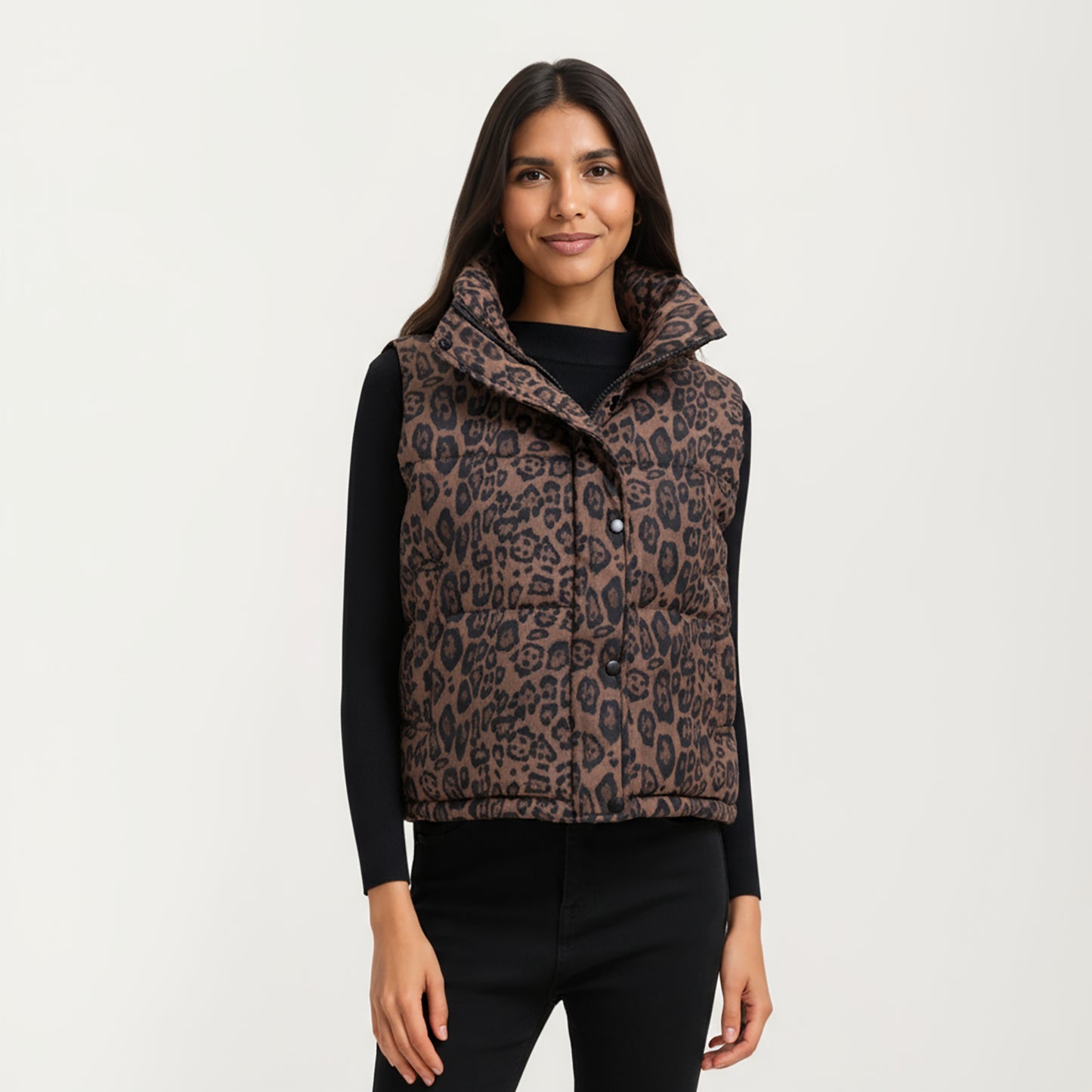 Leopard Print Puffer Vest with High Stand Collar and Quilted Soft-Padded Body for Bold Textured Styling