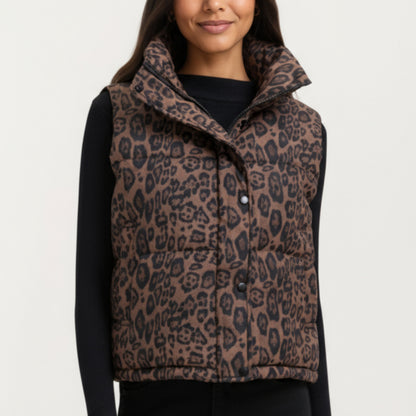 Leopard Print Puffer Vest with High Stand Collar and Quilted Soft-Padded Body for Bold Textured Styling