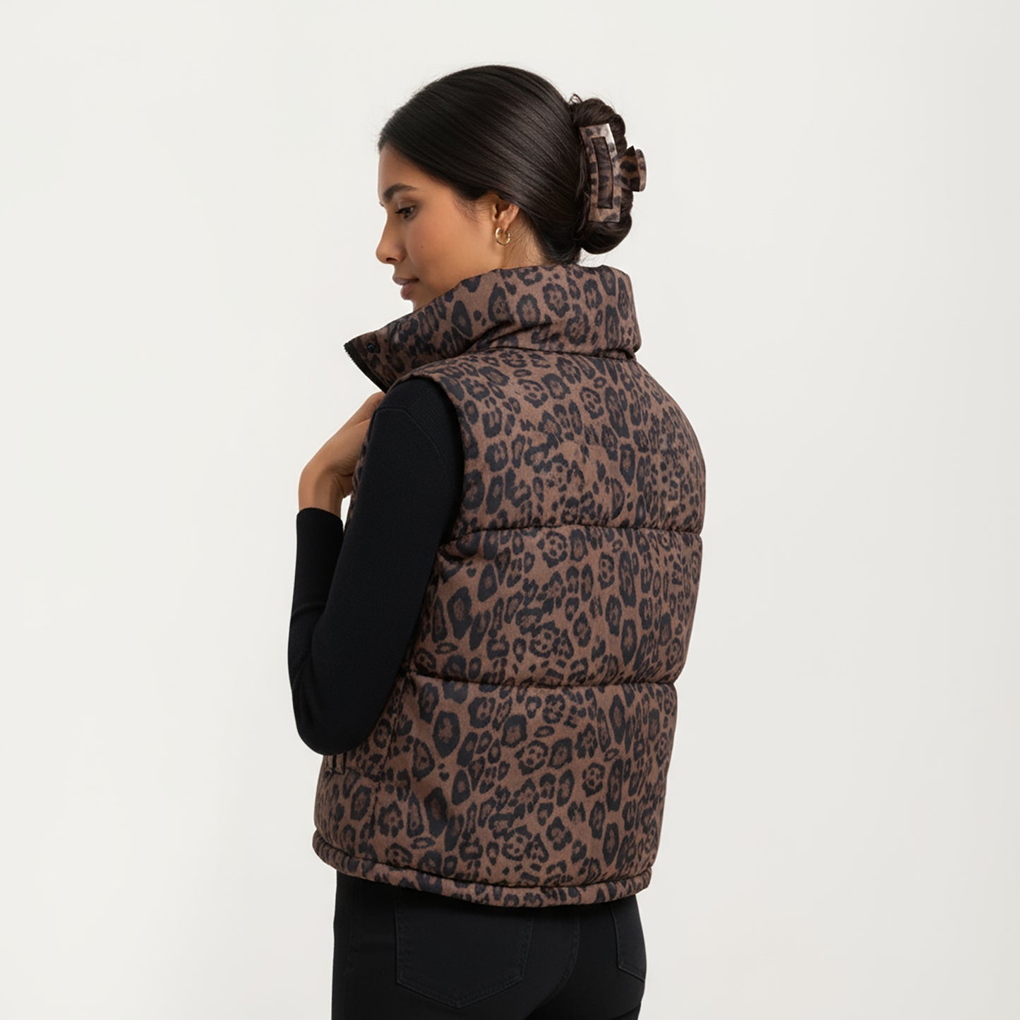 Leopard Print Puffer Vest with High Stand Collar and Quilted Soft-Padded Body for Bold Textured Styling