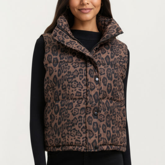 Leopard Print Puffer Vest with High Stand Collar and Quilted Soft-Padded Body for Bold Textured Styling