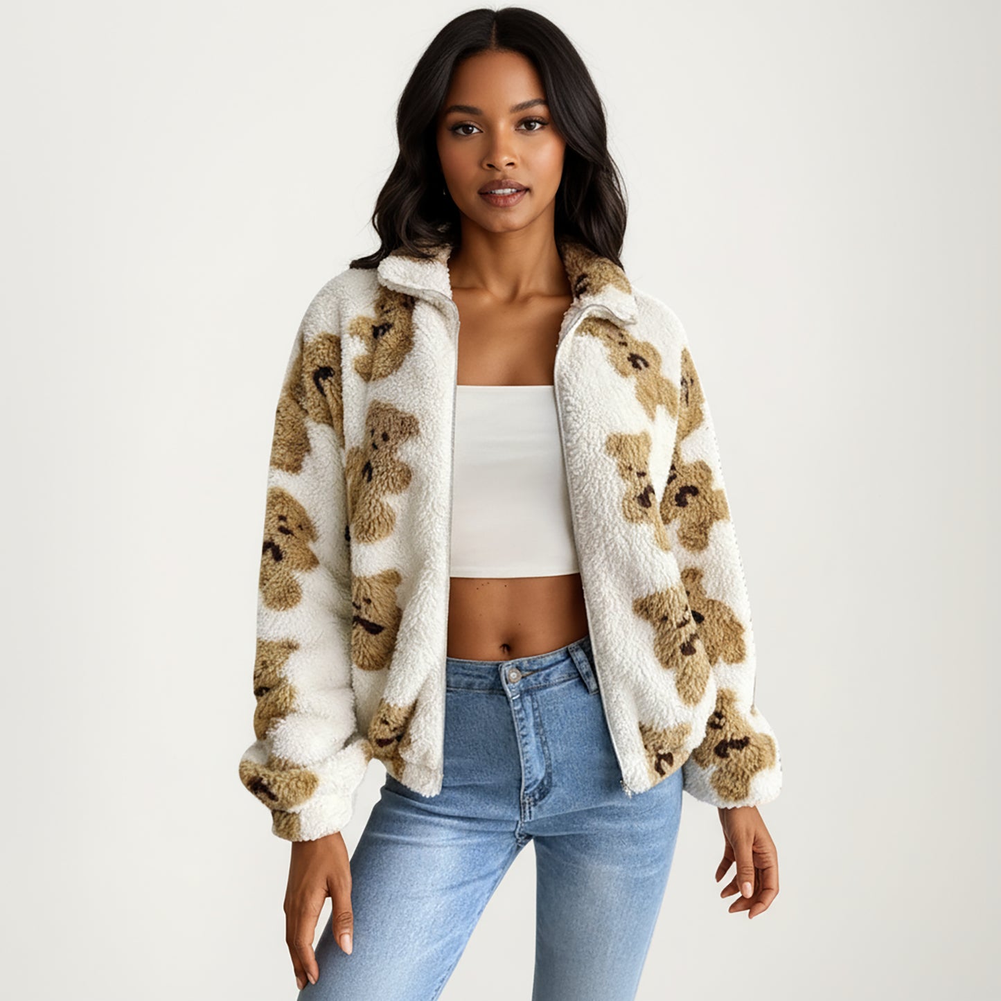 Zip-Up Teddy Print High Pile Fleece Jacket with Long Sleeves and Relaxed Fit