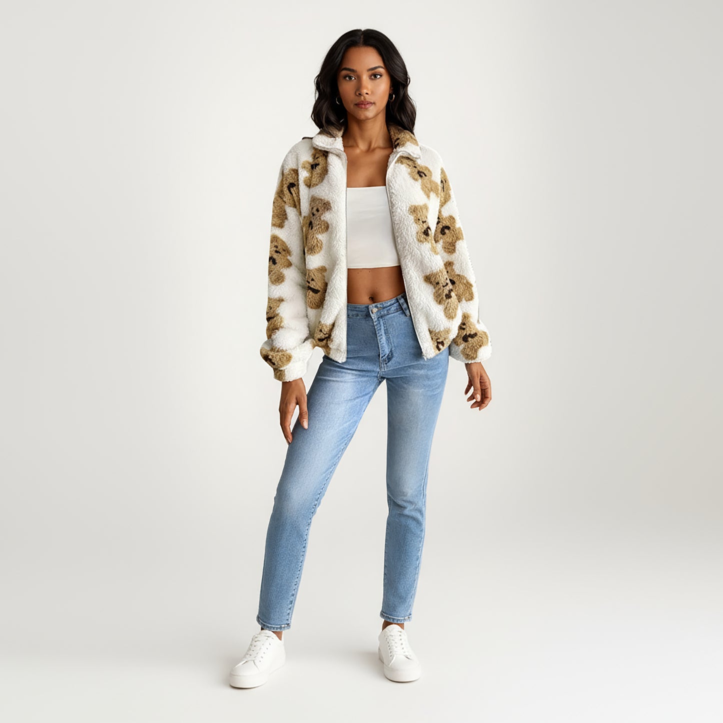 Zip-Up Teddy Print High Pile Fleece Jacket with Long Sleeves and Relaxed Fit
