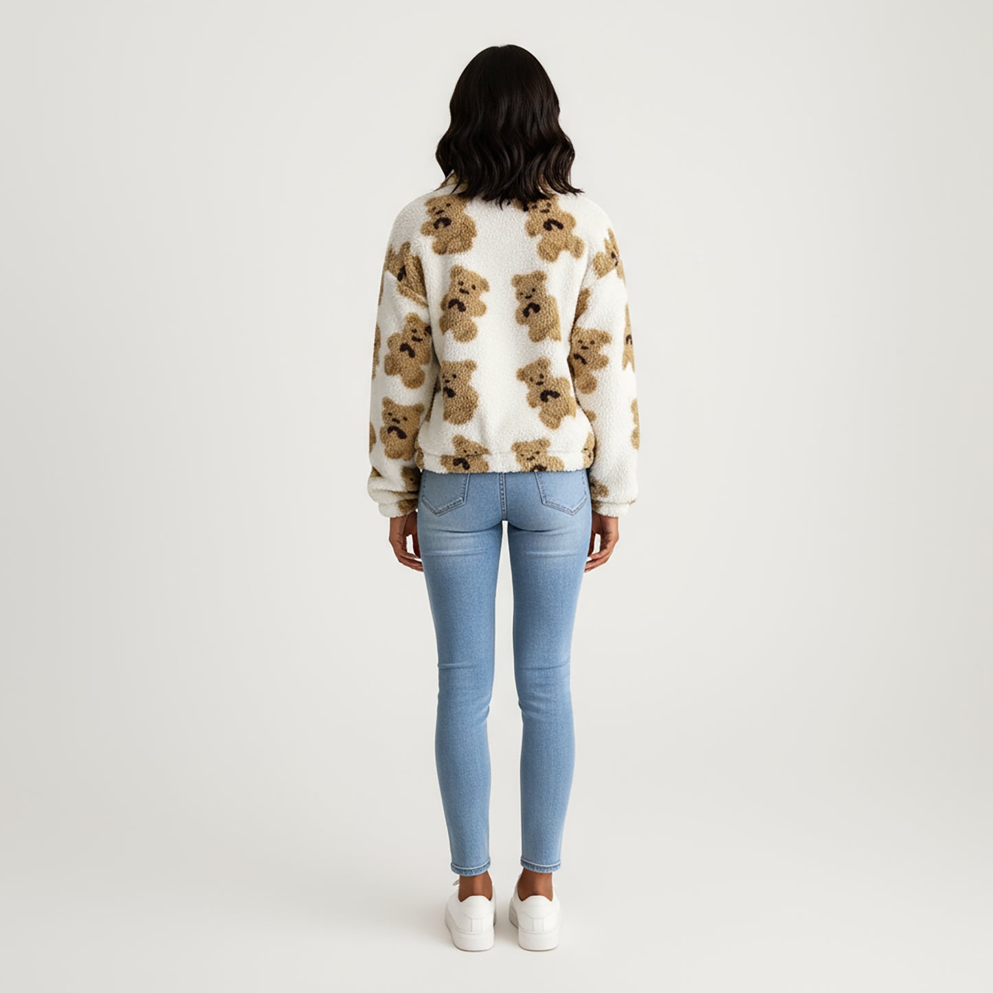 Zip-Up Teddy Print High Pile Fleece Jacket with Long Sleeves and Relaxed Fit