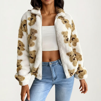 Zip-Up Teddy Print High Pile Fleece Jacket with Long Sleeves and Relaxed Fit