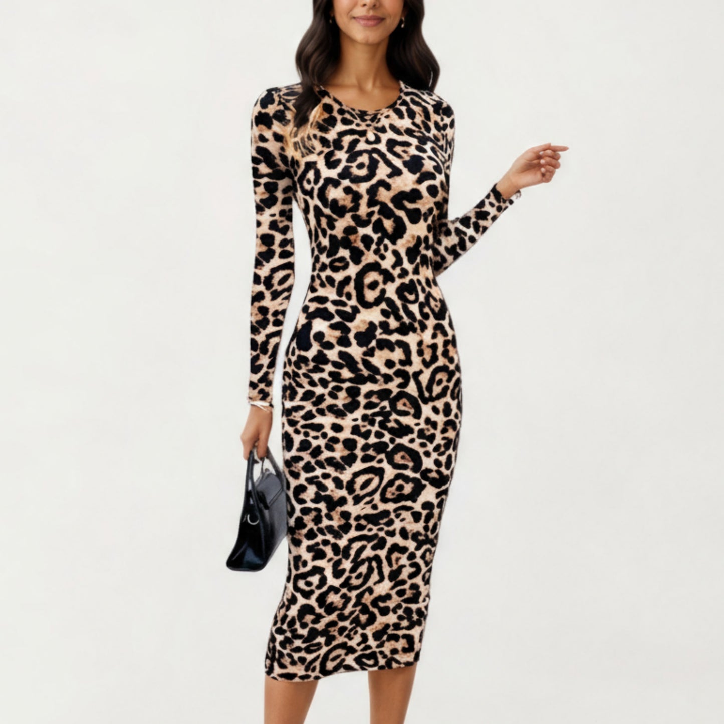 Long Sleeve Leopard Print Bodycon Midi Dress with Crew Neck and Stretch Fit