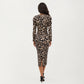 Long Sleeve Leopard Print Bodycon Midi Dress with Crew Neck and Stretch Fit