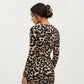 Long Sleeve Leopard Print Bodycon Midi Dress with Crew Neck and Stretch Fit