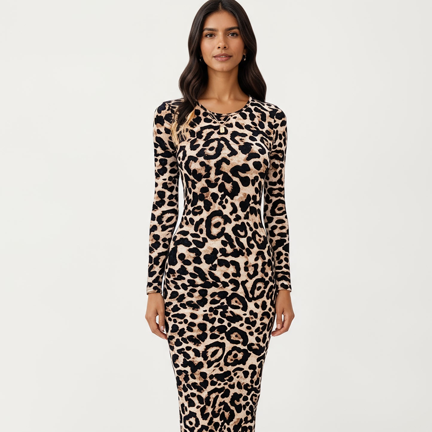 Long Sleeve Leopard Print Bodycon Midi Dress with Crew Neck and Stretch Fit