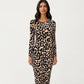 Long Sleeve Leopard Print Bodycon Midi Dress with Crew Neck and Stretch Fit