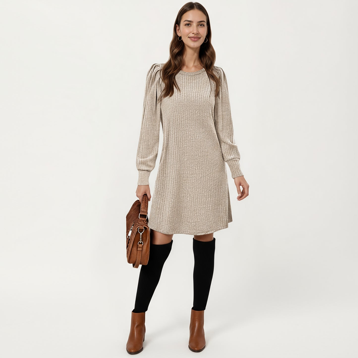 Ribbed Knit Long Sleeve Dress with Puff Shoulder Detail and Relaxed A-Line Silhouette