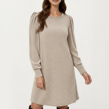Ribbed Knit Long Sleeve Dress with Puff Shoulder Detail and Relaxed A-Line Silhouette