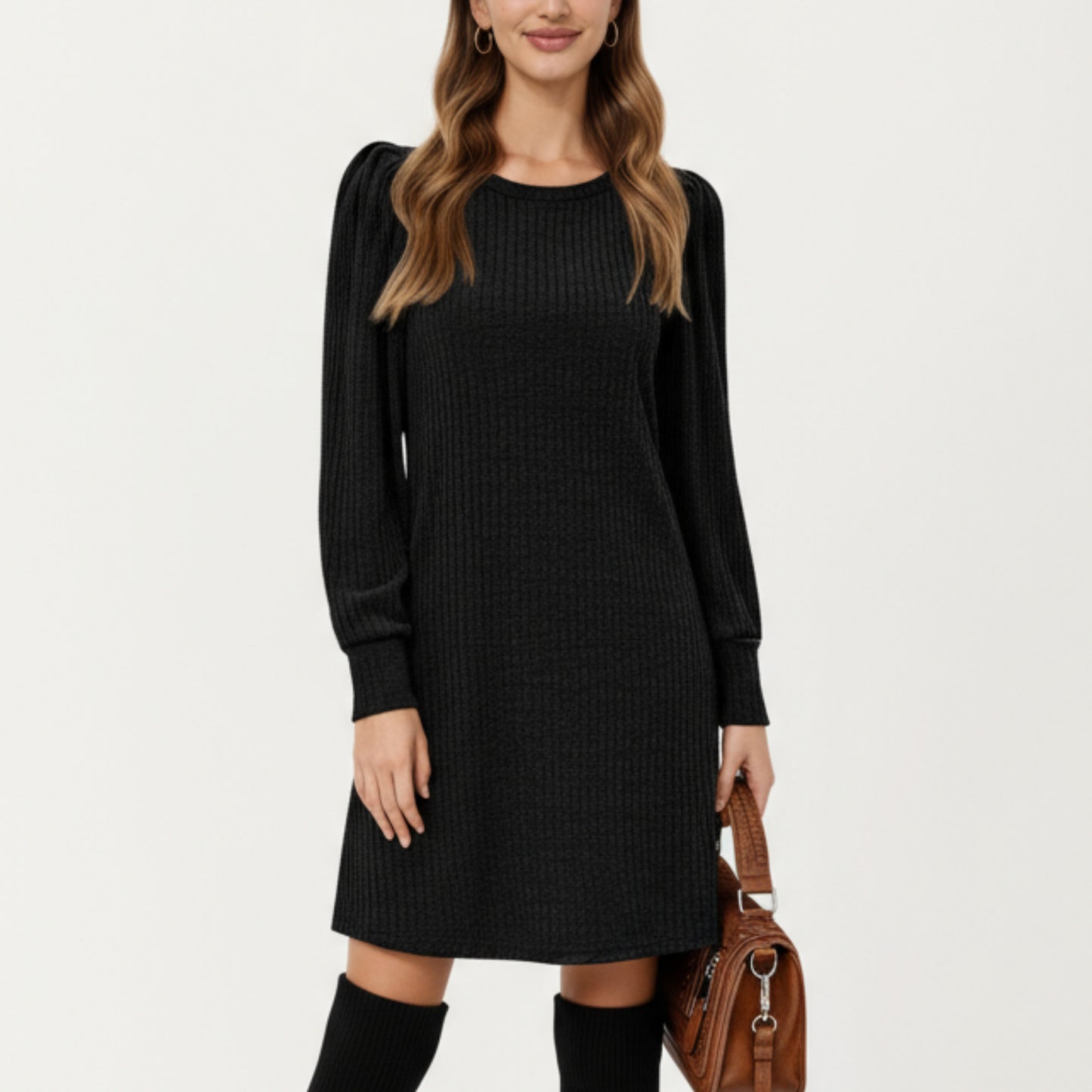 Ribbed Knit Long Sleeve Dress with Puff Shoulder Detail and Relaxed A-Line Silhouette