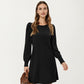 Ribbed Knit Long Sleeve Dress with Puff Shoulder Detail and Relaxed A-Line Silhouette