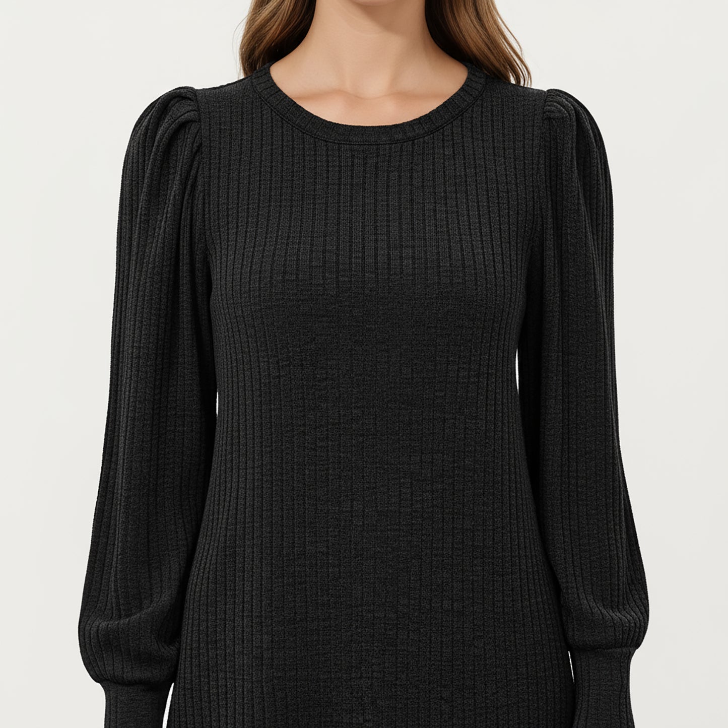 Ribbed Knit Long Sleeve Dress with Puff Shoulder Detail and Relaxed A-Line Silhouette