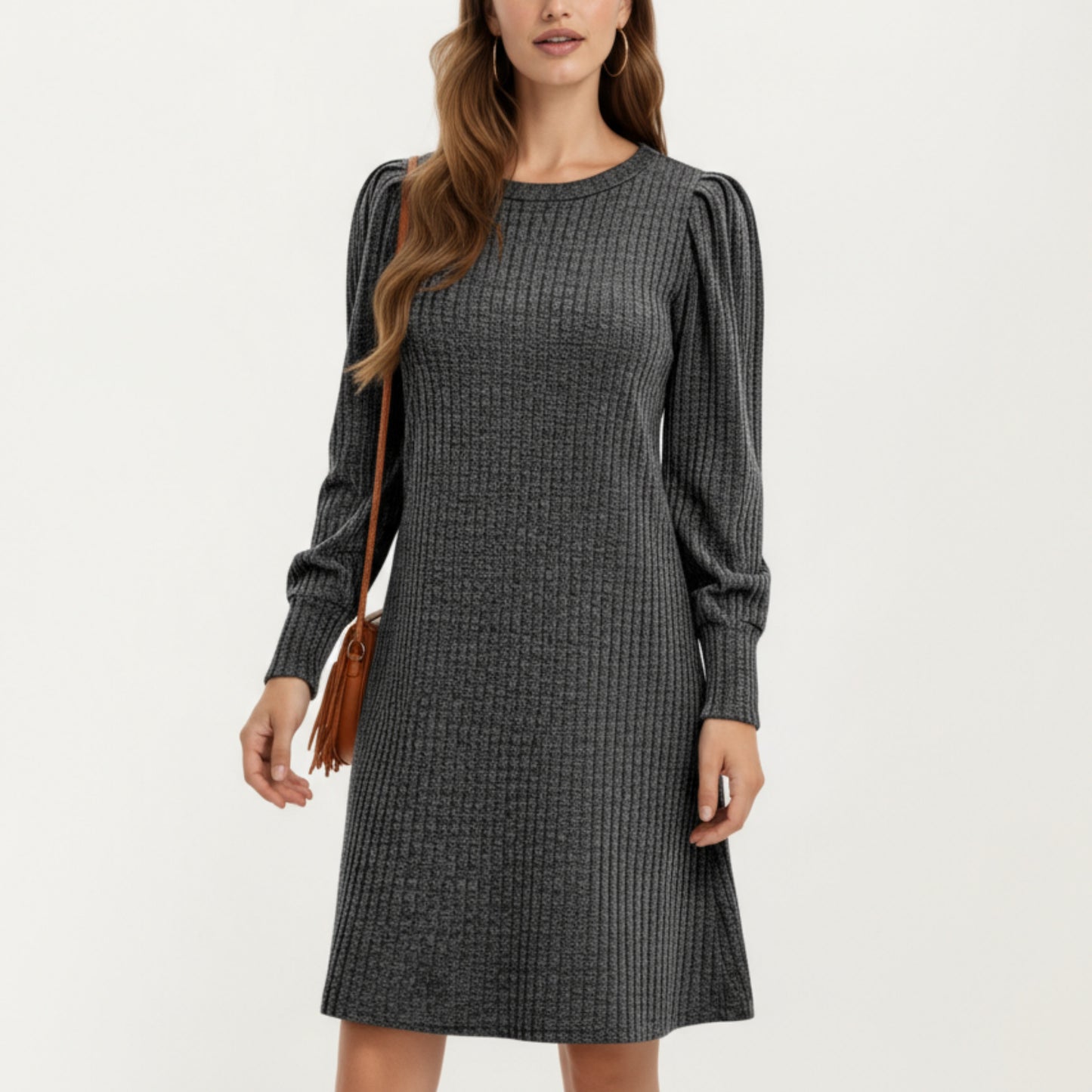 Ribbed Knit Long Sleeve Dress with Puff Shoulder Detail and Relaxed A-Line Silhouette