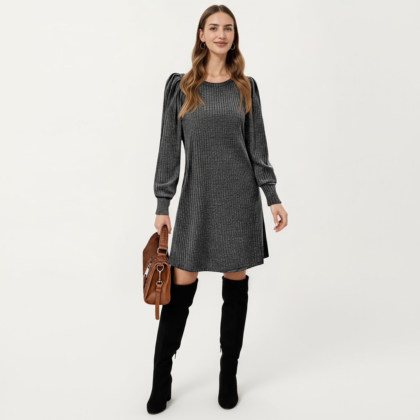 Ribbed Knit Long Sleeve Dress with Puff Shoulder Detail and Relaxed A-Line Silhouette