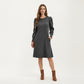 Ribbed Knit Long Sleeve Dress with Puff Shoulder Detail and Relaxed A-Line Silhouette