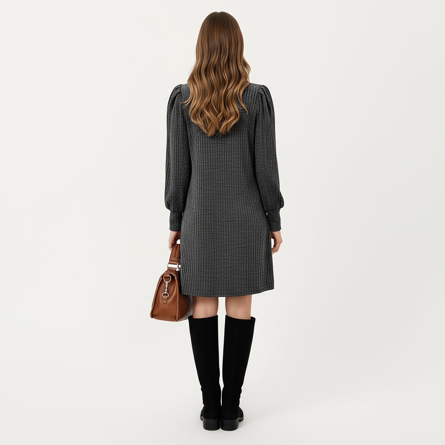 Ribbed Knit Long Sleeve Dress with Puff Shoulder Detail and Relaxed A-Line Silhouette