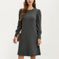 Ribbed Knit Long Sleeve Dress with Puff Shoulder Detail and Relaxed A-Line Silhouette