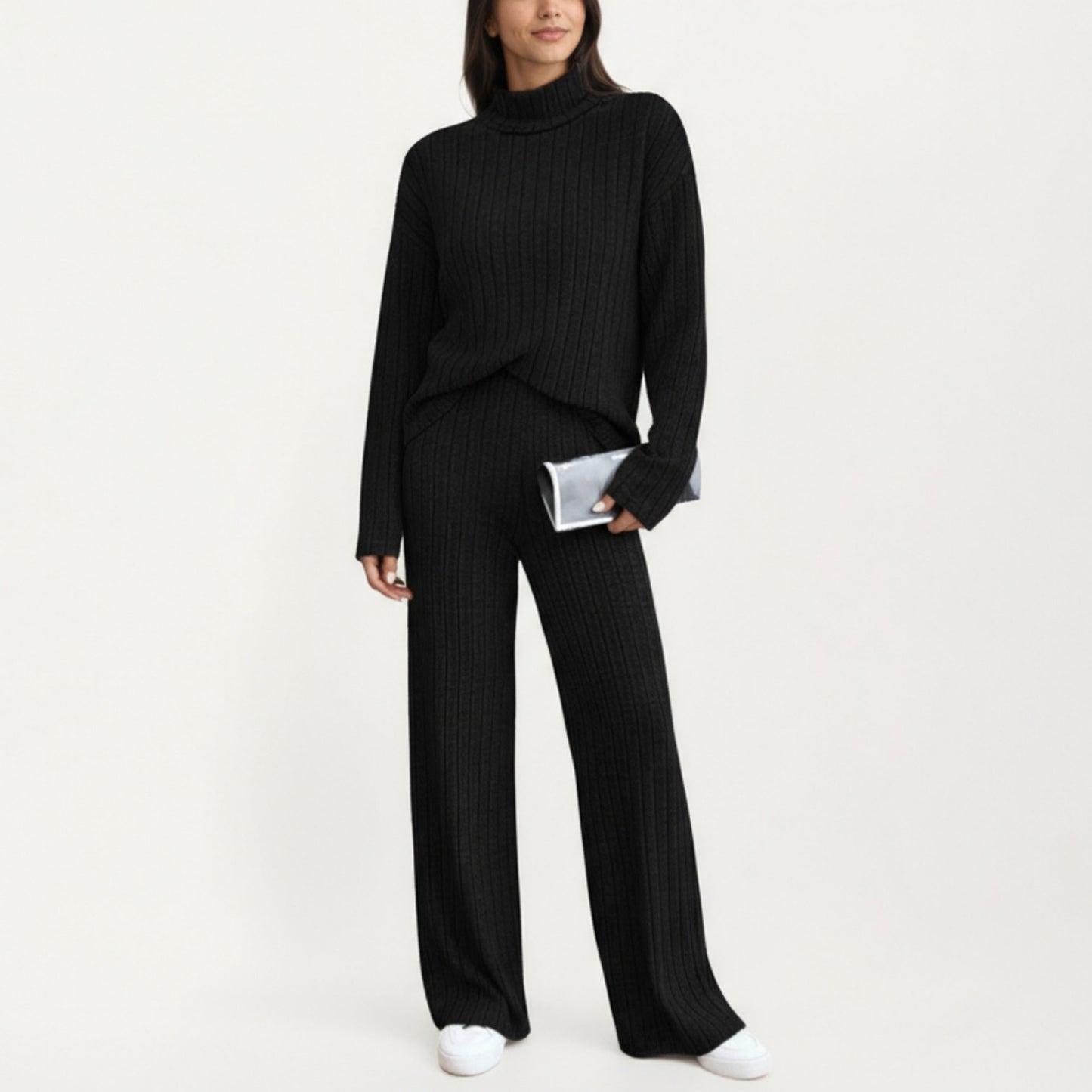 Ribbed Knit Relaxed Fit 2-Piece Set with High Neck Top Soft Stretch Fabric and Wide Leg Pants