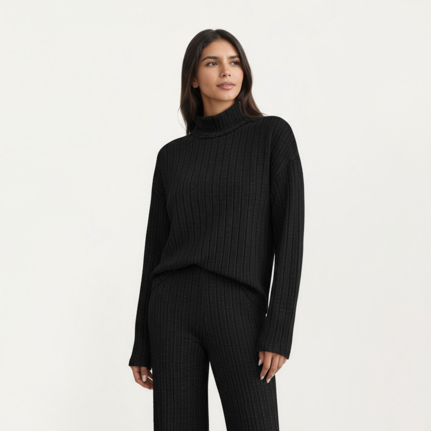 Ribbed Knit Relaxed Fit 2-Piece Set with High Neck Top Soft Stretch Fabric and Wide Leg Pants