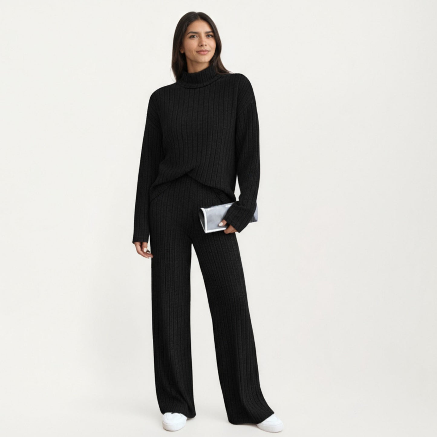 Ribbed Knit Relaxed Fit 2-Piece Set with High Neck Top Soft Stretch Fabric and Wide Leg Pants