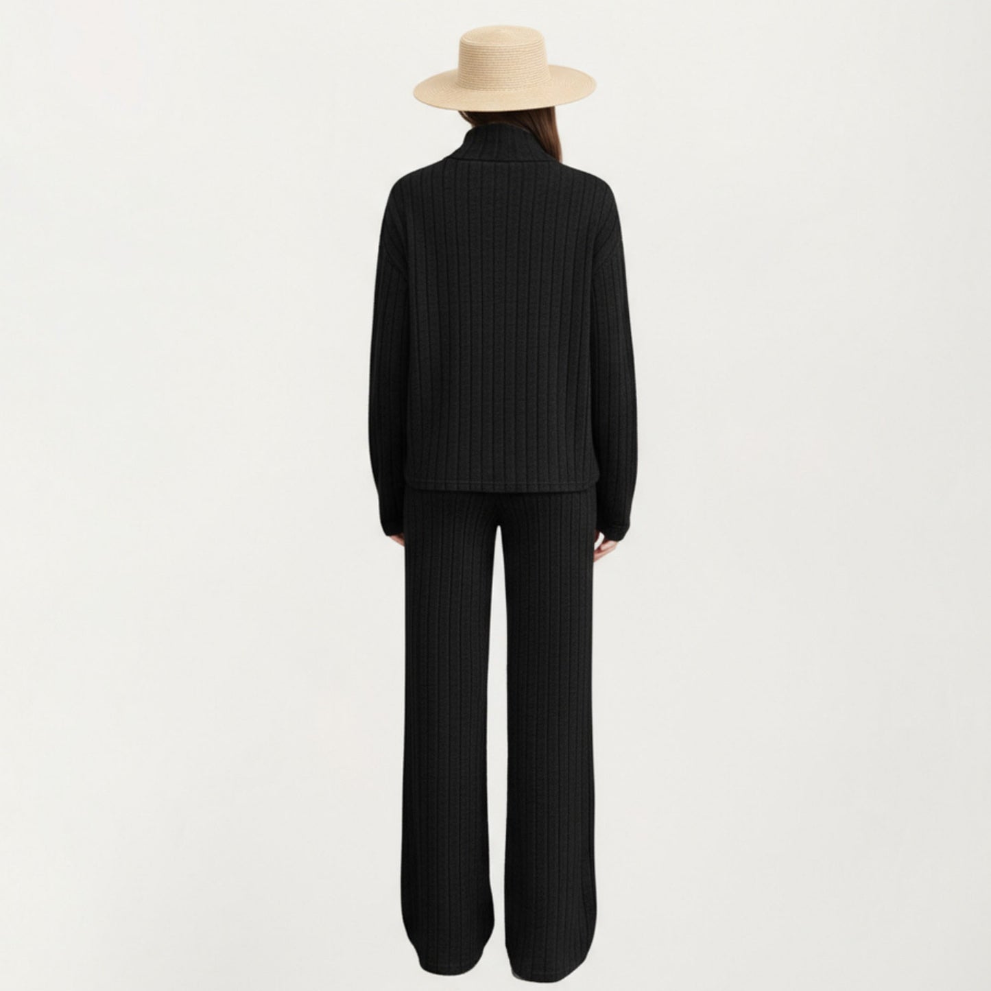 Ribbed Knit Relaxed Fit 2-Piece Set with High Neck Top Soft Stretch Fabric and Wide Leg Pants