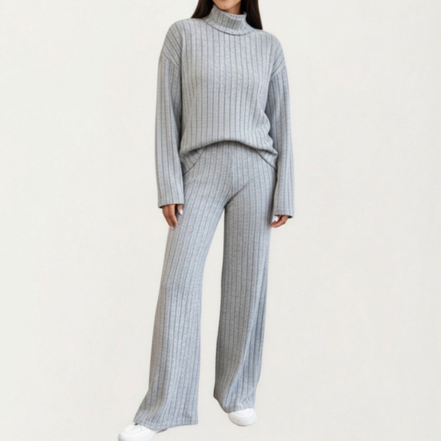 Ribbed Knit Relaxed Fit 2-Piece Set with High Neck Top Soft Stretch Fabric and Wide Leg Pants