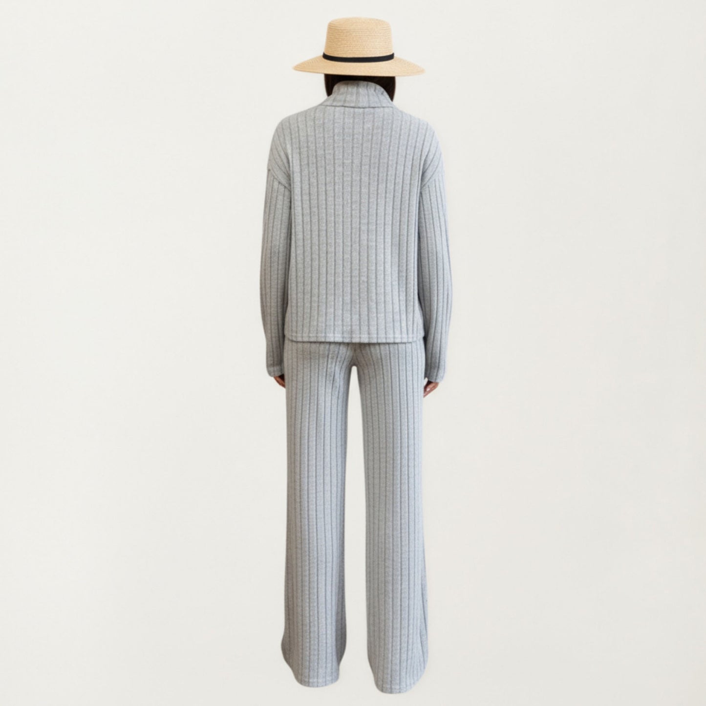 Ribbed Knit Relaxed Fit 2-Piece Set with High Neck Top Soft Stretch Fabric and Wide Leg Pants