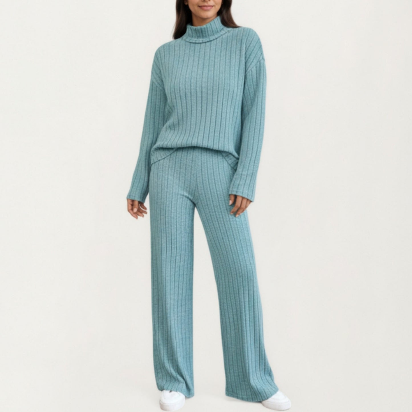 Ribbed Knit Relaxed Fit 2-Piece Set with High Neck Top Soft Stretch Fabric and Wide Leg Pants