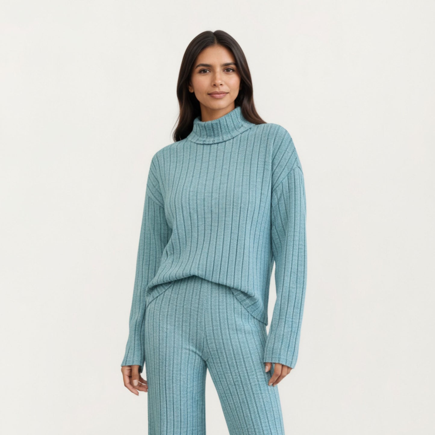 Ribbed Knit Relaxed Fit 2-Piece Set with High Neck Top Soft Stretch Fabric and Wide Leg Pants