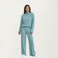Ribbed Knit Relaxed Fit 2-Piece Set with High Neck Top Soft Stretch Fabric and Wide Leg Pants