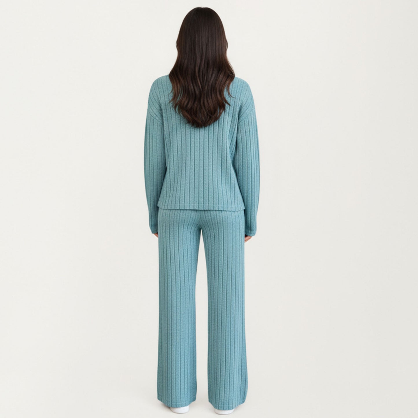 Ribbed Knit Relaxed Fit 2-Piece Set with High Neck Top Soft Stretch Fabric and Wide Leg Pants