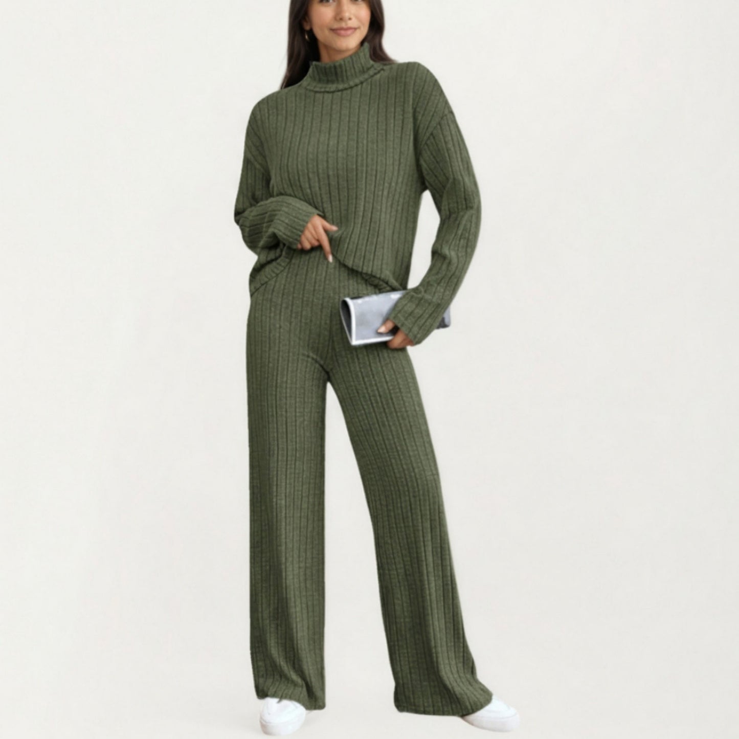 Ribbed Knit Relaxed Fit 2-Piece Set with High Neck Top Soft Stretch Fabric and Wide Leg Pants